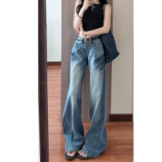 批发复古水洗蓝阔腿牛仔裤女秋季爆款美式高街辣妹低腰宽松直筒拖地裤