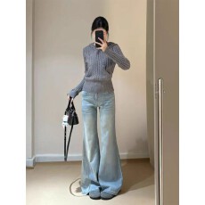 批发大码复古弹力微喇裤牛仔裤女春秋胖mm梨形身材高腰显瘦直筒马蹄裤