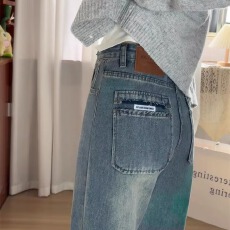 批发复古蓝阔腿牛仔裤女秋冬高腰宽松大码显瘦胖mm梨形身材直筒裤