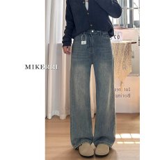 批发复古蓝阔腿牛仔裤女秋冬高腰宽松大码显瘦胖mm梨形身材直筒裤