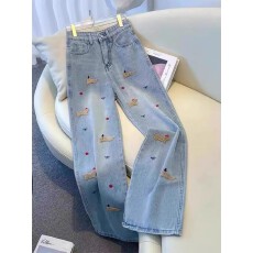 批发大码加绒加厚牛仔裤女秋冬胖mm梨形身材宽松高腰显瘦直筒阔腿裤子