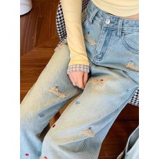 批发大码加绒加厚牛仔裤女秋冬胖mm梨形身材宽松高腰显瘦直筒阔腿裤子