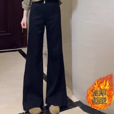 批发韩版黑色加绒高腰牛仔裤女秋冬季大码胖mm加厚保暖宽松直筒阔腿裤