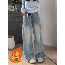 批发浅色阔腿牛仔裤女高腰春季新款大码胖mm宽松显瘦梨形身材直筒裤子