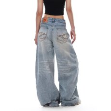 批发梨形身材女裤子美式高街牛仔裤女春秋大码胖mm高腰显瘦宽松阔腿裤