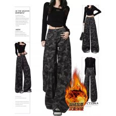 批发大码迷彩高腰工装阔腿牛仔裤女新款胖mm宽松显瘦遮肉直筒裤子