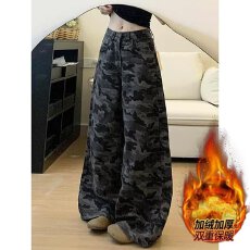 批发大码迷彩高腰工装阔腿牛仔裤女新款胖mm宽松显瘦遮肉直筒裤子