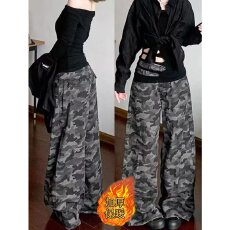 批发大码女装胖mm复古高街vibe迷彩工装牛仔裤女高腰宽松垂感阔腿裤子