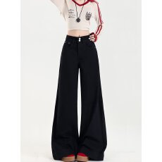 批发黑色不贴腿阔腿牛仔裤女秋冬新款高腰宽松显瘦垂感薄绒喇叭拖地裤