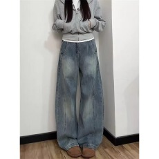 批发复古直筒牛仔裤女秋季新款大码胖mm高腰宽松显瘦小个子弯刀阔腿裤