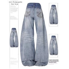 批发大码复古美式弯刀牛仔裤女秋季胖mm梨形身材低腰显瘦直筒阔腿裤子