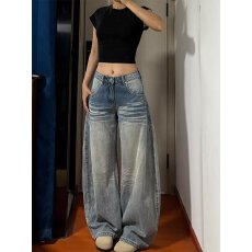 批发小个子阔腿牛仔裤女秋季新款低腰宽松粗腿显瘦藏肉直筒拖地裤