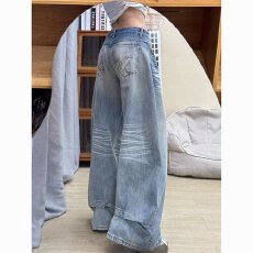 批发小个子阔腿牛仔裤女秋季新款低腰宽松粗腿显瘦藏肉直筒拖地裤