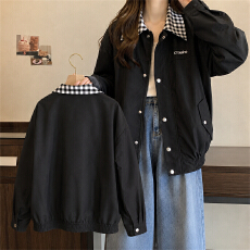 批发实拍大码胖mm美式拼接翻领黑色春秋外套女男女穿搭宽松<b class='q'>夹克</b>棒球服