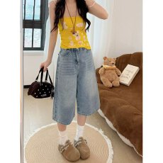 批发美式复古做旧水洗直筒牛仔中裤女夏季时尚宽松大码阔腿<b class='q'>七分</b>牛仔裤