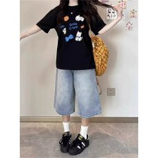 批发复古浅色直筒牛仔<b class='q'>七分</b>裤女高腰夏季新款大码胖mm宽松显瘦阔腿裤子