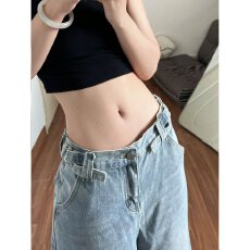 批发蓝色复古牛仔短裤女美式做旧水洗挂饰宽松休闲中裤<b class='q'>七分</b>裤