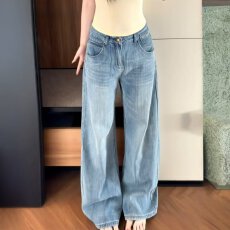 批发Cleanfit基础百搭水洗牛仔裤<b class='q'>男</b>女美式宽松休闲巴黎扣垂感阔腿长裤