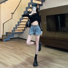 批发文艺潮流美式工装牛仔<b class='q'>短裤</b>美式vibe复古黑色<b class='q'>高腰</b>牛仔<b class='q'>短裤</b>夏季新款