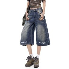 批发美式复古牛仔七分裤<b class='q'>男</b>女潮牌水洗高级感宽松百搭休闲阔腿牛仔短裤