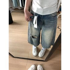 批发美式毛边破洞设计感直筒牛仔裤女夏季新款复古风做旧七分裤