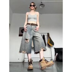 批发美式毛边破洞设计感直筒牛仔裤女夏季新款复古风做旧七分裤