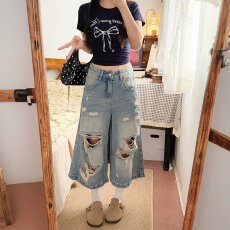 批发美式复古破洞水洗牛仔七分裤<b class='q'>男</b>女高街宽松休闲短裤百搭直筒阔腿裤