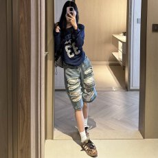 批发美式复古破洞水洗牛仔七分裤<b class='q'>男</b>女高街宽松休闲短裤百搭直筒阔腿裤