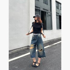 批发美式水洗做旧破洞牛仔七分裤<b class='q'>男</b>女宽松休闲百搭阔腿短裤