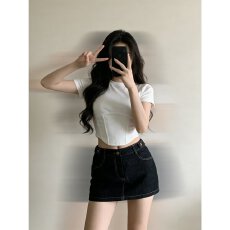 批发深蓝色牛仔短裤女梨形身材大码胖妹妹高腰宽松显瘦a字包臂热裤夏