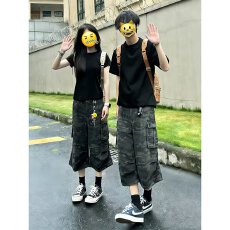 批发夏季美式复古多口袋迷彩工装裤<b class='q'>短裤</b><b class='q'>男</b>女宽松直筒阔腿七分裤子潮