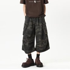 批发夏季美式复古多口袋迷彩工装裤<b class='q'>短裤</b><b class='q'>男</b>女宽松直筒阔腿七分裤子潮