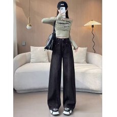 批发美式复古阔腿<b class='q'>牛仔裤</b>女春季春装新款时尚高腰显瘦设计感直筒裤