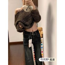 批发美式复古微喇<b class='q'>牛仔裤</b>女春秋新款双排扣<b class='q'>弹力</b>高腰显瘦喇叭拖地裤