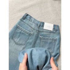 批发新款蕾丝花边直筒<b class='q'>牛仔裤</b>女夏季梨形身材显瘦<b class='q'>弹力</b>八分阔腿裤子潮流