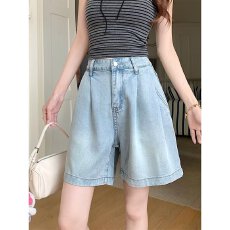 批发五分牛仔<b class='q'>裤</b>女夏季薄款新款高腰宽松小个子阔腿短<b class='q'>裤</b>