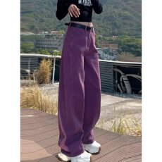 批发美式弯刀牛仔<b class='q'>裤</b>女宽松显瘦垂感春季新款高腰紫色长款阔腿<b class='q'>裤</b>