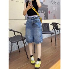 批发休闲街头感侧线设计牛仔中<b class='q'>裤</b>春夏新款女<b class='q'>装</b>高腰百搭松弛五分<b class='q'>裤</b>