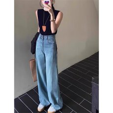 批发时尚新款无品牌复古浅蓝色直筒牛仔<b class='q'>裤</b>窄版阔腿<b class='q'>裤</b><b class='q'>百搭</b>流行原宿潮流