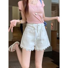 批发流行大码蕾丝花边高腰牛仔<b class='q'>短裤</b>夏季无品牌新款百搭潮流气质ins