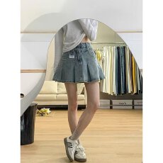 批发浅色牛仔百褶短裙女夏季新款大码胖mm高腰显瘦梨形身材a字半身裙