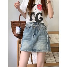 批发大码胖MM蕾丝高腰牛仔短裙女夏季新款防走光a字包臀显瘦半身裙子