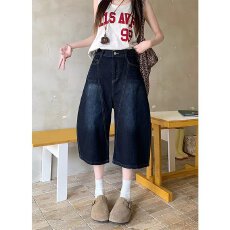 批发美式复古刺绣弯刀牛仔<b class='q'>短裤</b><b class='q'>男</b>女夏季高街设计感宽松显瘦阔腿七分裤