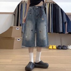 批发柯基边牧小狗刺绣牛仔五分<b class='q'>短裤</b><b class='q'>男</b>女夏季宽松阔腿设计感可爱七分裤