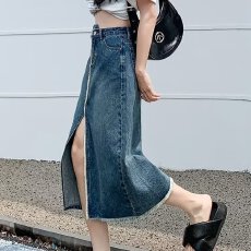 批发新款开叉牛仔裙女夏不规则a字长裙垂坠感半身裙子设计感小众