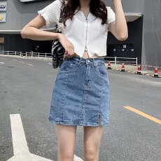 批发流行新款春秋新款高腰A字显瘦开叉半身裙包臀牛仔短裙裤裙女