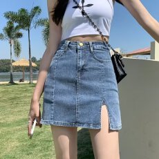 批发春秋新款大码胖mm高腰A字显瘦开叉半身裙包臀牛仔短裙裤裙女