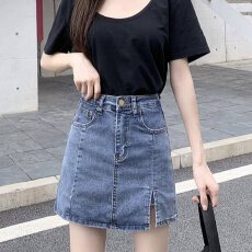 批发蓝色牛仔裙短裙女夏季新款高腰辣妹a字裙包臀开叉半身裙ins潮