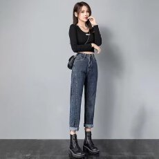 批发松紧腰牛仔女春高腰宽松<b class='q'>哈伦</b>裤显瘦修身弹力直筒老爹裤