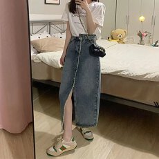 批发高腰开叉牛仔半身裙女新款春夏季a字包臀半裙小个子梨形长裙